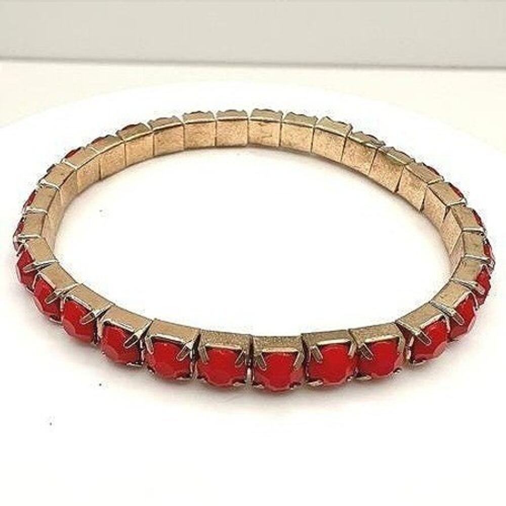 Vintage Red Glass Gold Tone Stretch Bracelet Stackable Fashion Jewelry Retro 90s